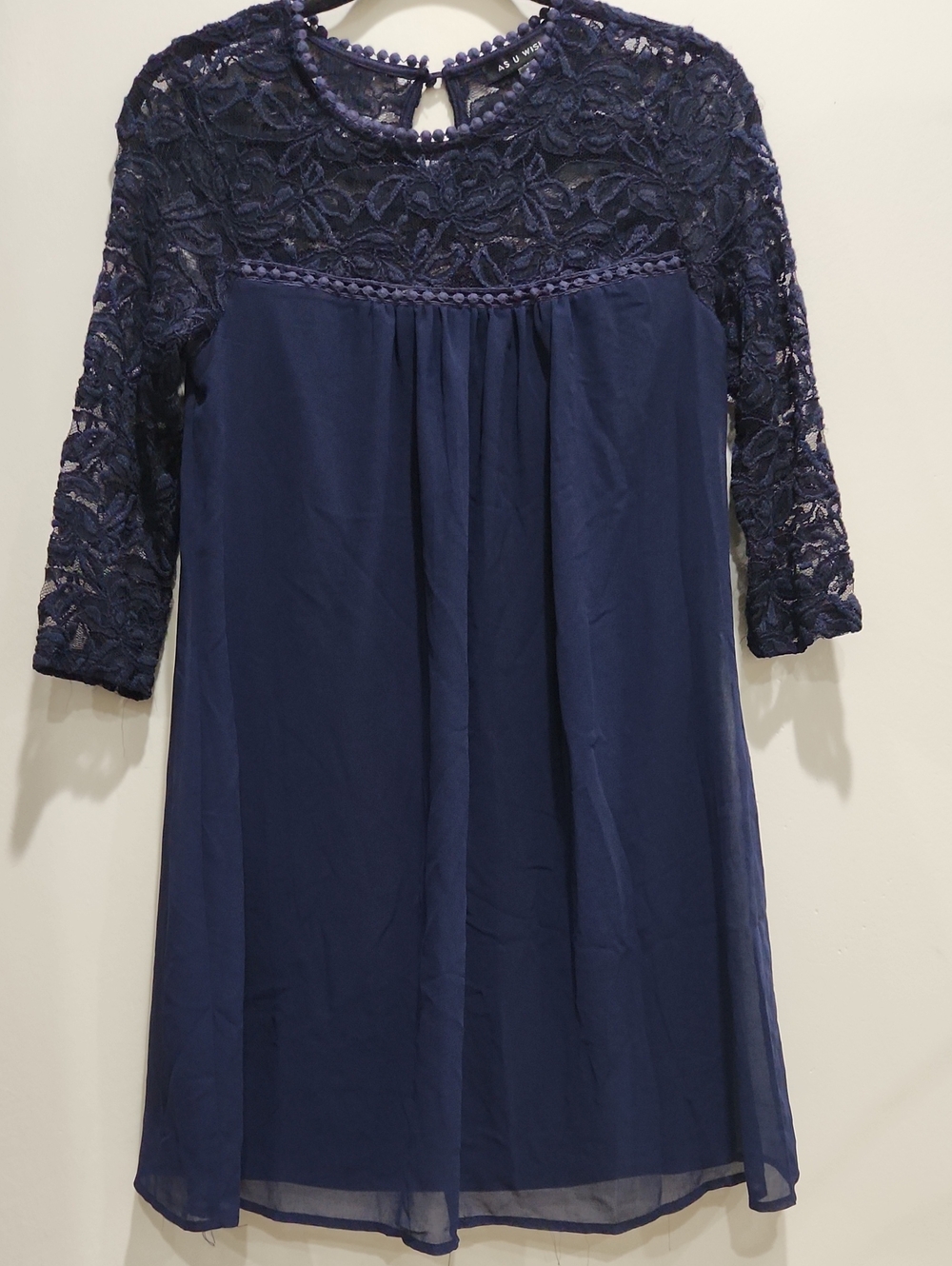 As U Wish Navy Floral Lace Yoke Chiffon Babydoll Knee - Length Dress Size S